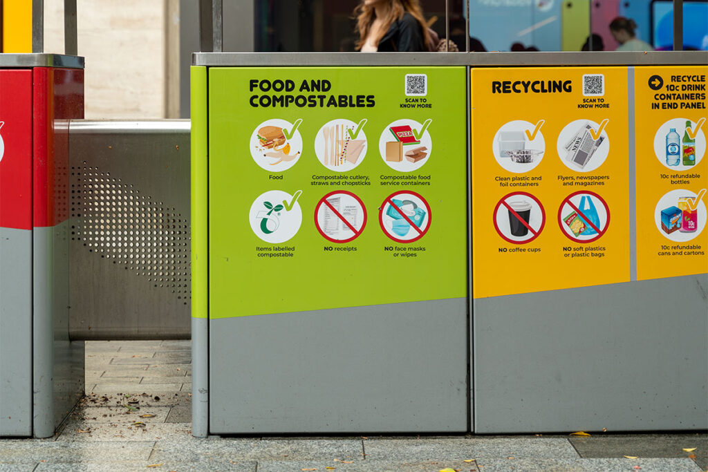 Colour-coded bins for food, compostables, and recycling in city area.