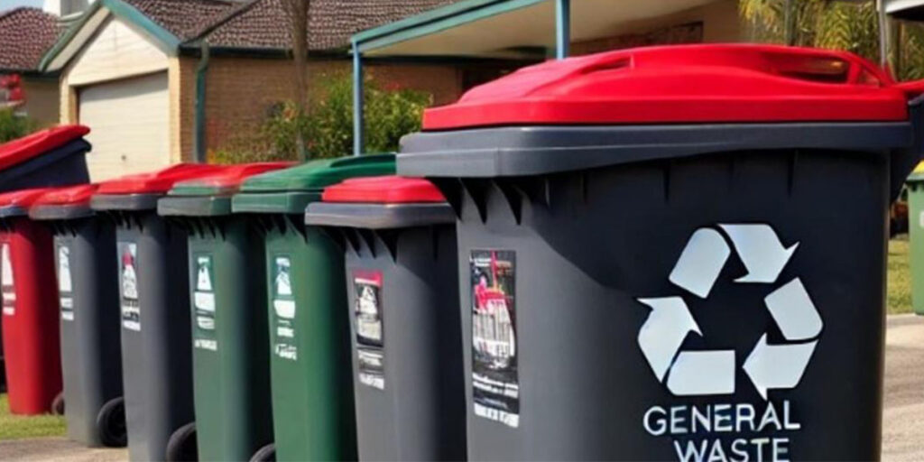 Line of red and green lidded general waste bins in suburban street.