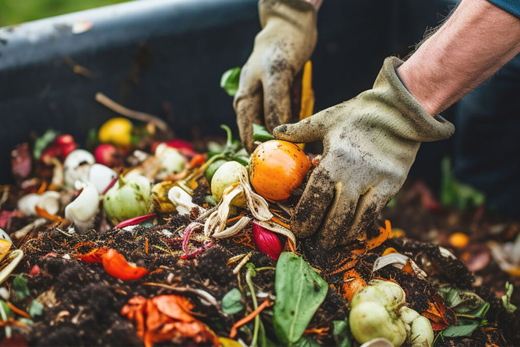 Gloved hands sorting food waste in outdoor compost bin.