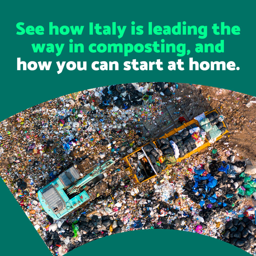 Aerial view of landfill with waste and trucks.