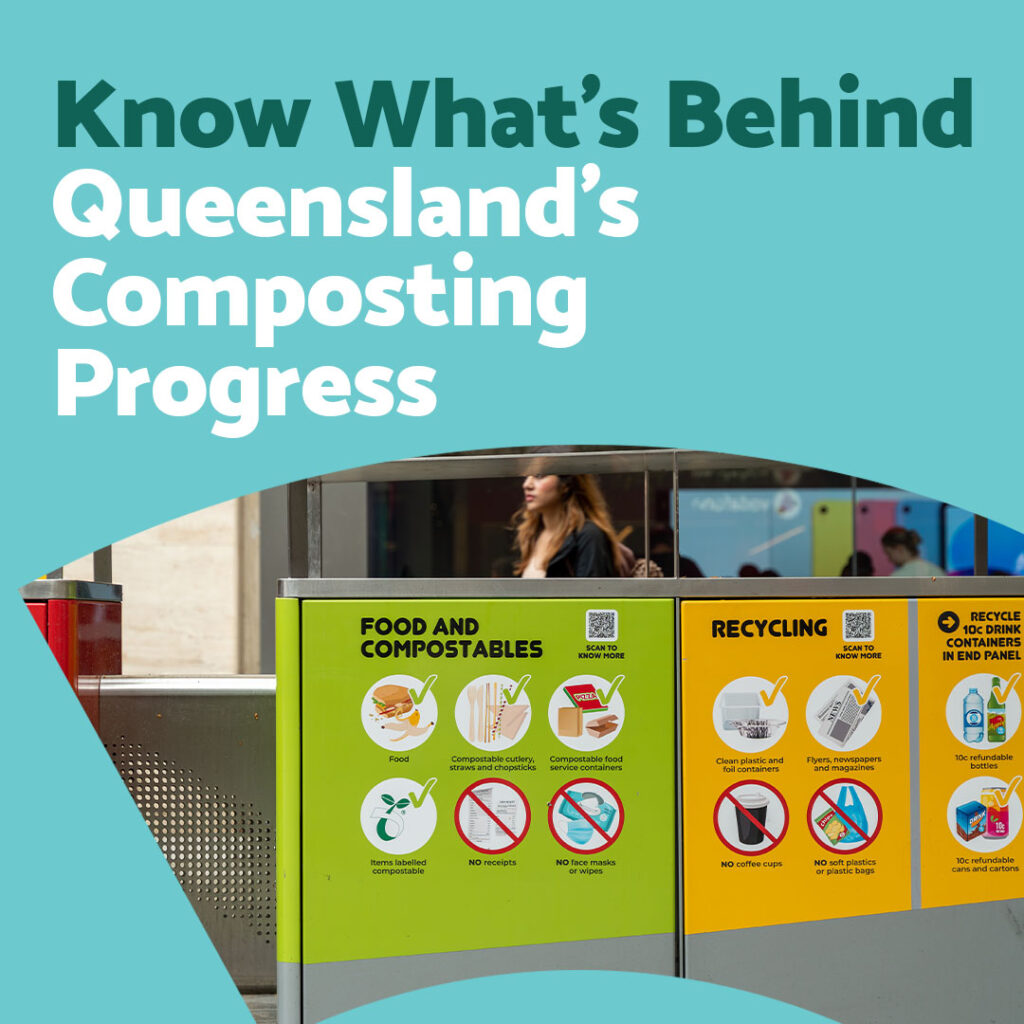 Food and recycling signage on colourful public waste bins in Queensland.