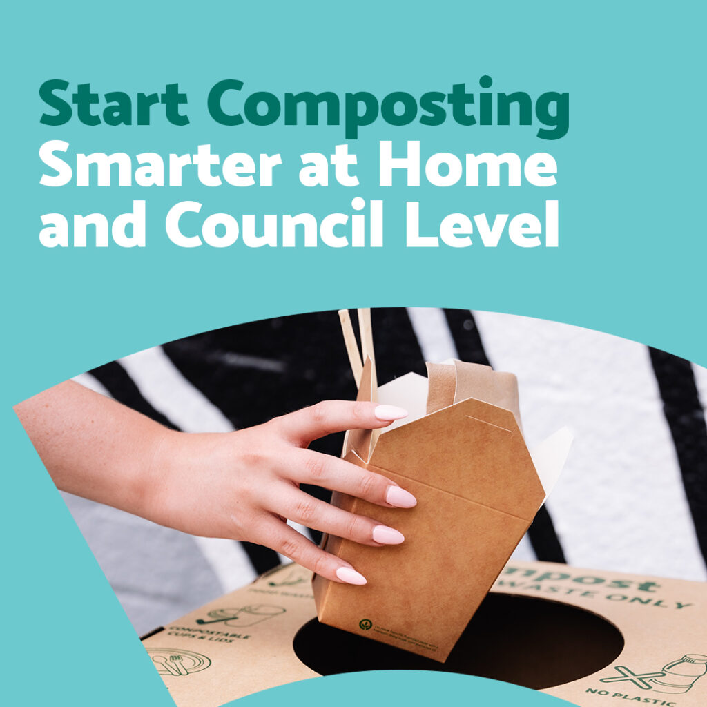 Hand placing food packaging in a compost bin.